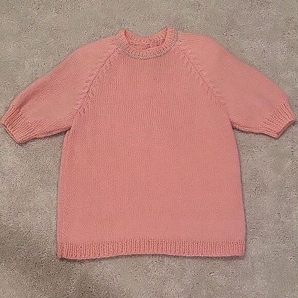 VINTAGE‎ Bubblegum Pink Crochet Handmade Sweater Pearls M/L